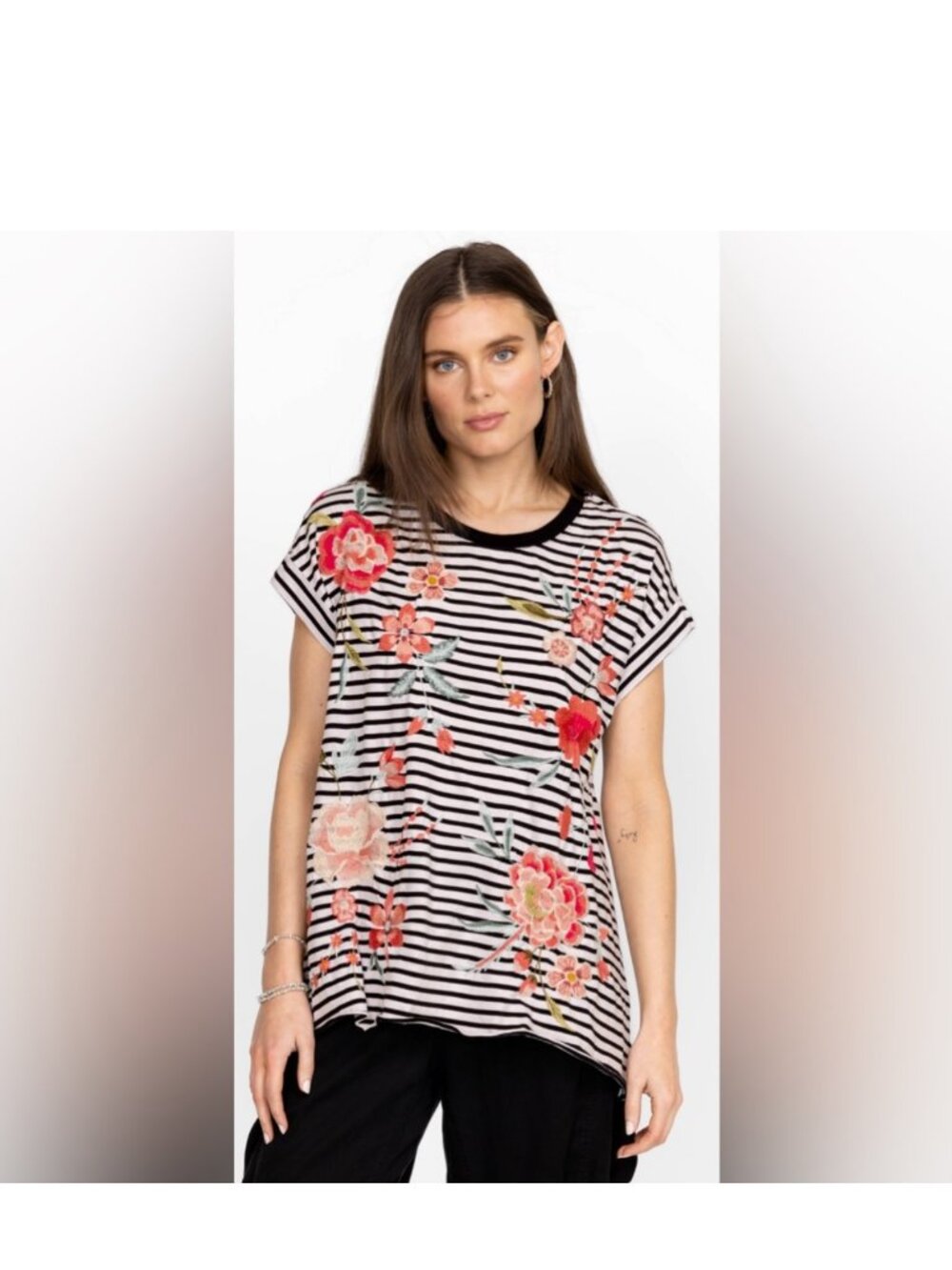 Johnny Was -Joya Relaxed Drape Tee in Stripe, Size Small